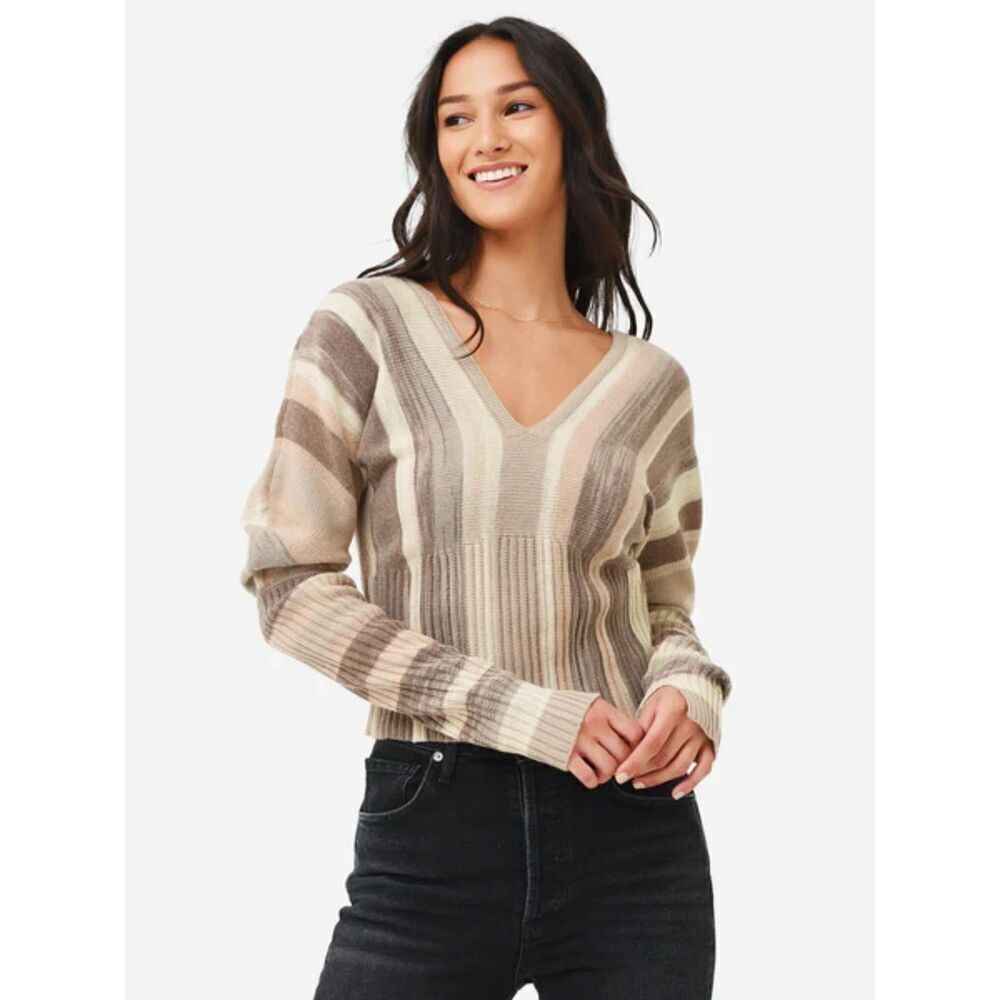 JONATHAN SIMKHAI Jasmina Brush Stroke Striped Wool V-Neck Sweater Top Size XS